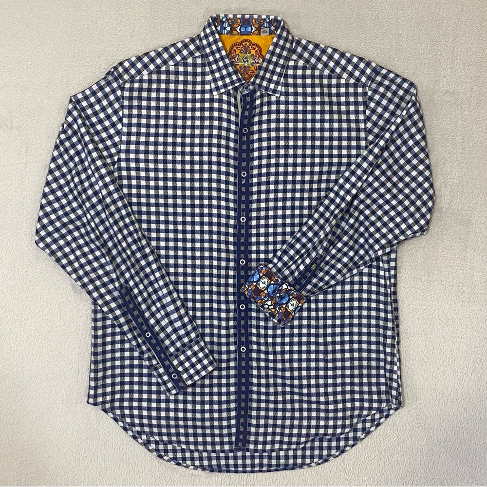 Robert Graham Men's Medium Blue Checkered Button Up Flip Cuff  Shirt